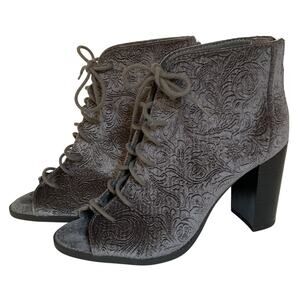 Report  Brocade Open toe Lace Up  Ankle Booties Block Heel Gray Sz 7.5 Women's